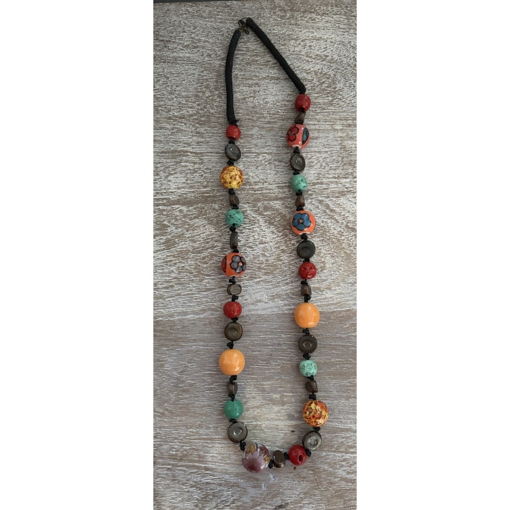 Colorful Art Glass Beaded Necklace Multicolor Floral Funky Eclectic Chunky Boho